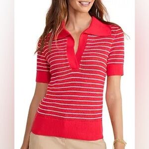 Like New Vineyard Vines Stripe Crochet Polo SS Sweater in Lighthouse Red, M